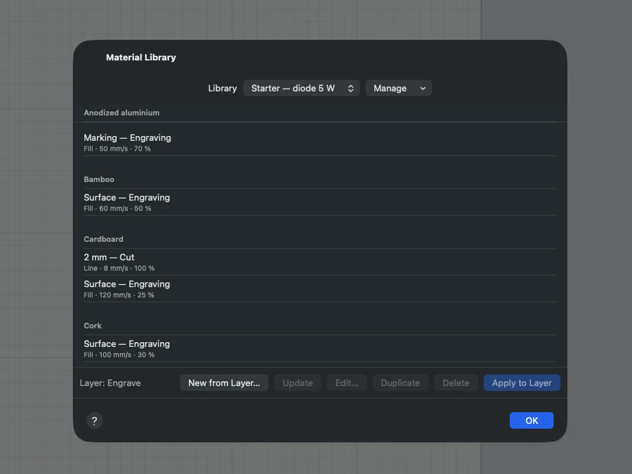 Bernie's material library: ready-made settings by material for a 5 W diode laser.