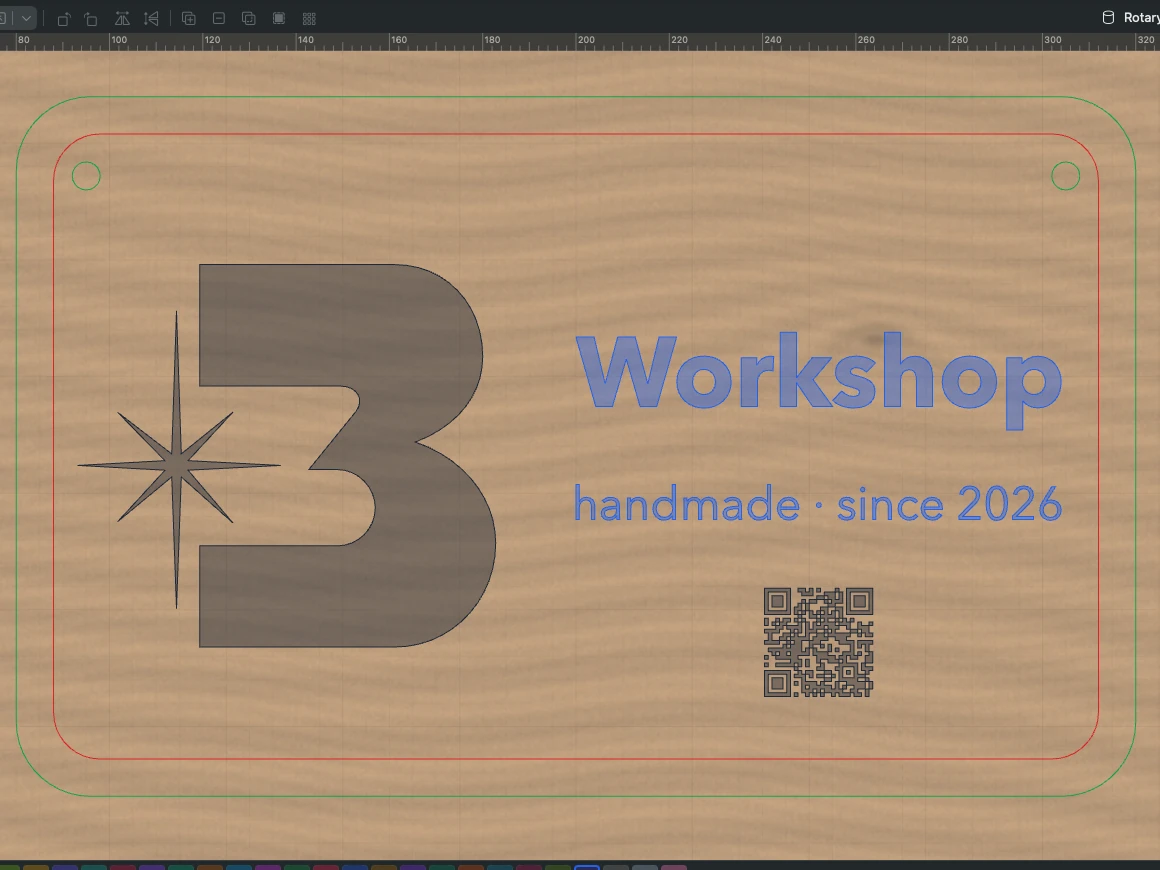 Camera view in Bernie: the design laid over the image of the wooden board.