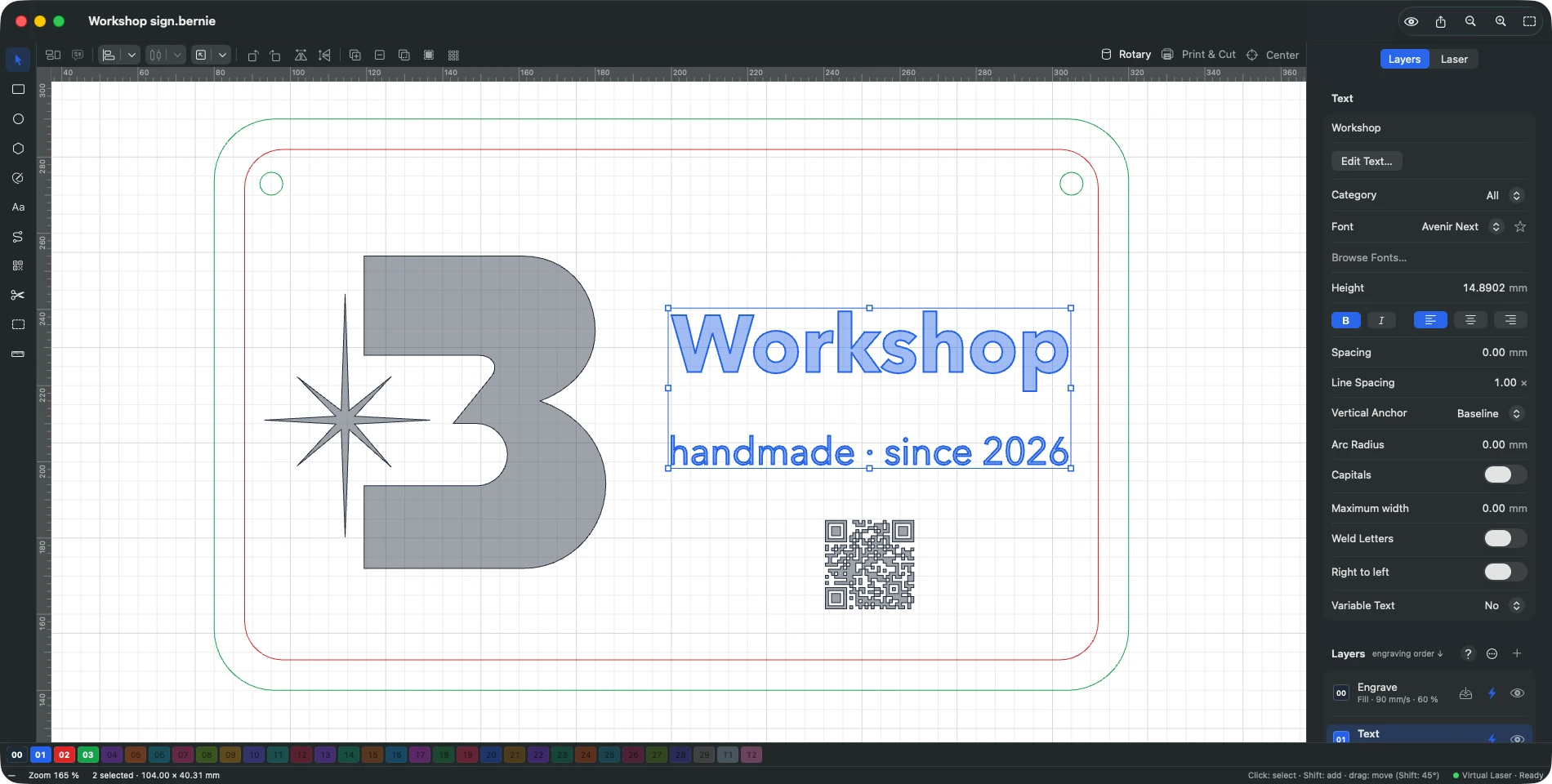Selected text in Bernie, with its font and layout settings in the side panel.