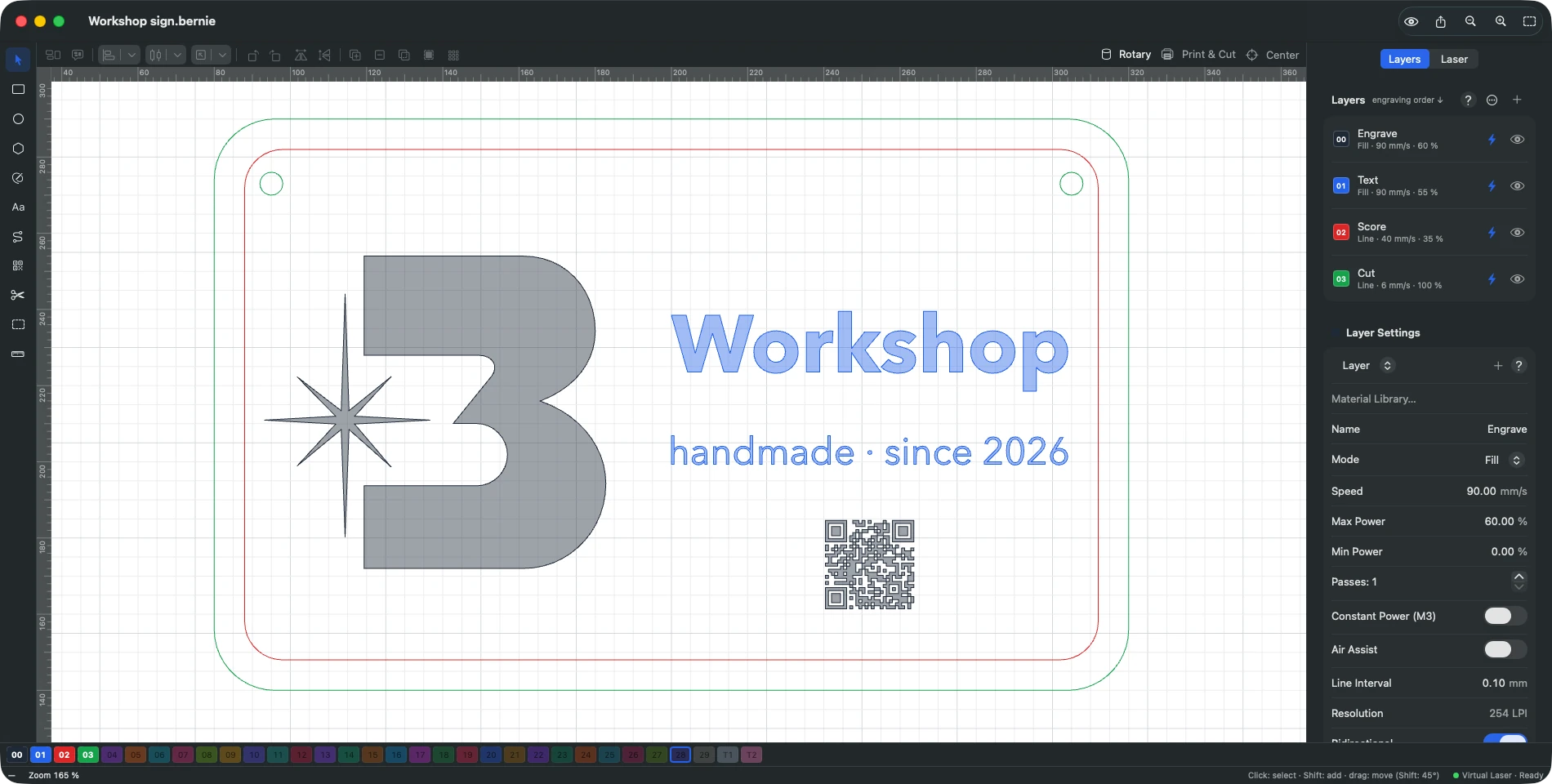 The Bernie editor on Mac: a workshop sign with the Bernie logo, a title and a QR code, spread over four layers.