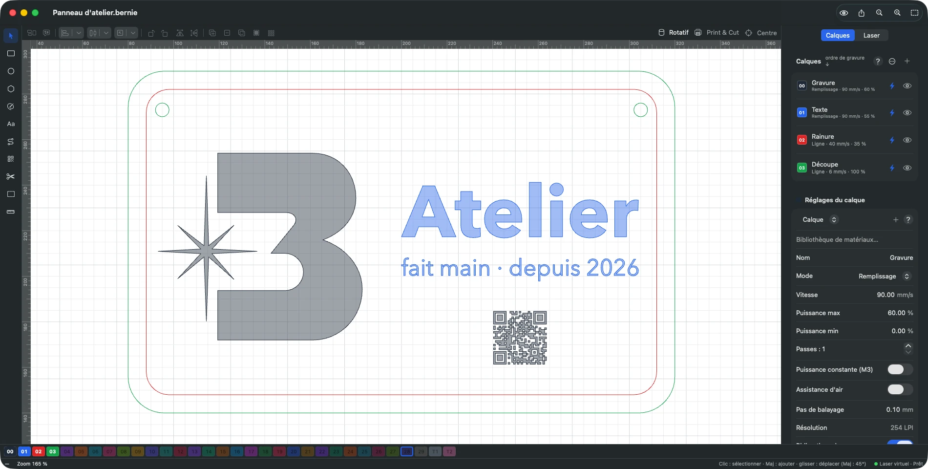 L'éditeur de Bernie sur Mac : un panneau d'atelier avec le logo de Bernie, un titre et un QR code, réparti sur quatre calques.