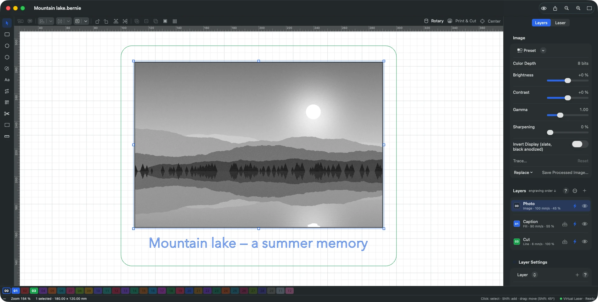 A photo of a mountain lake prepared for engraving in Bernie, with its image settings in the side panel.