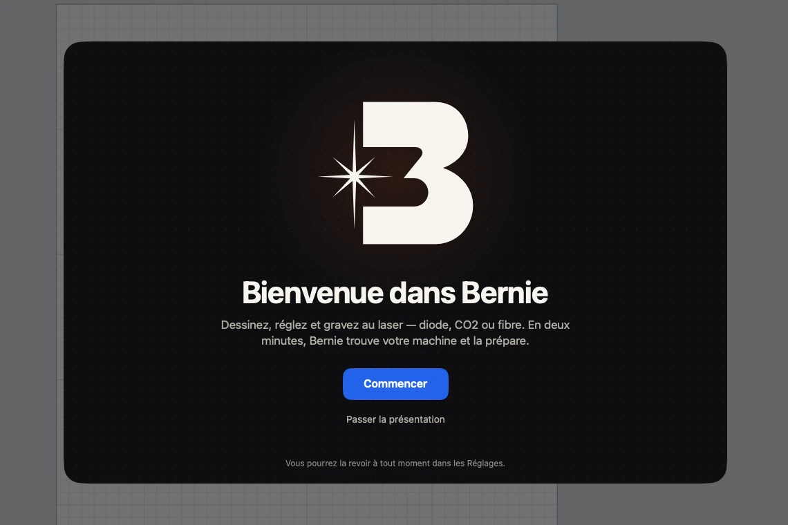 La présentation de démarrage de Bernie : « Bienvenue dans Bernie », avant de trouver votre laser.