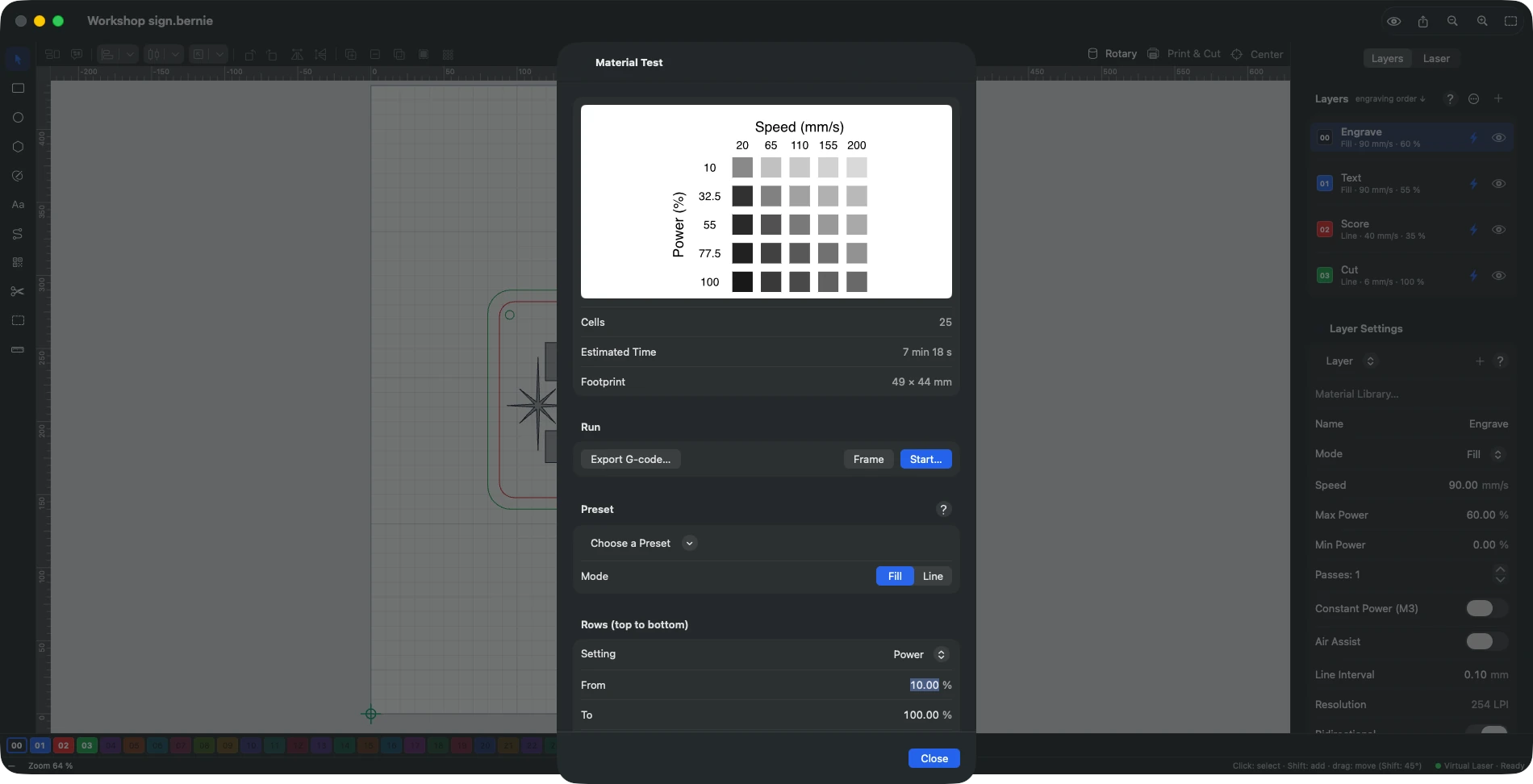 Bernie's material test: a speed × power grid to find the right setting for a new material.