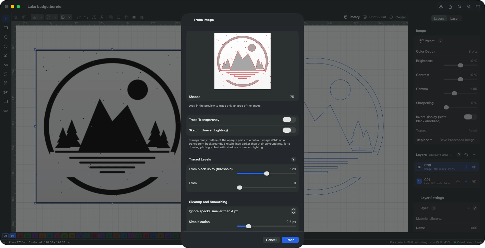 Bernie's Trace Image window: a live preview of the outlines found in a scanned badge drawing, with threshold, speck cleanup and smoothing settings.