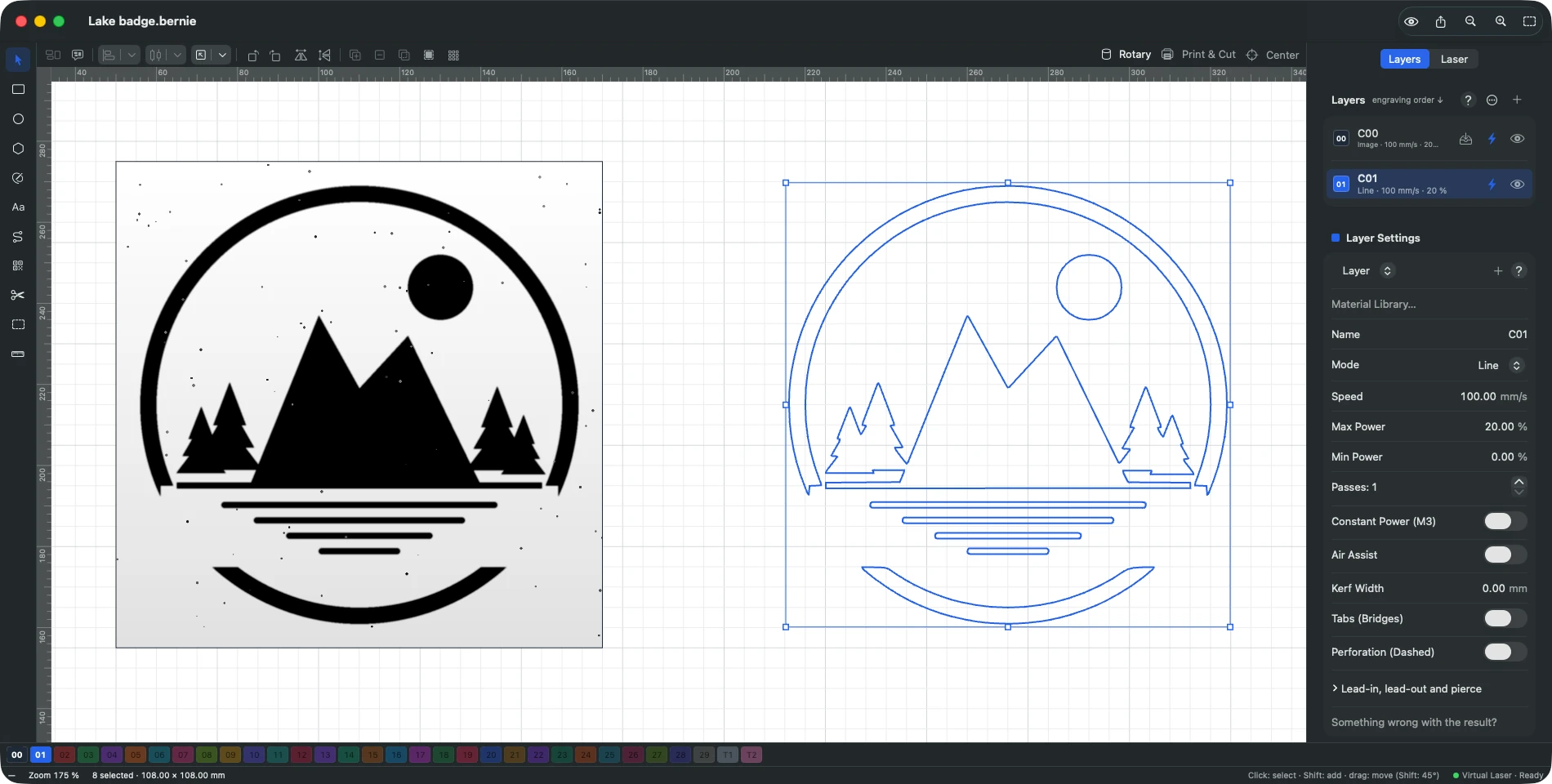 A scanned badge drawing next to its traced vector version in Bernie, on a Line layer ready to cut, with kerf and tabs settings.