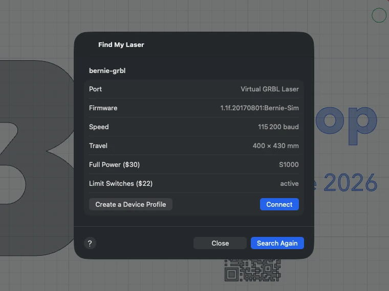 “Find My Laser” in Bernie: a GRBL laser found on the serial port, with its firmware, speed, travel and maximum power, ready to connect.